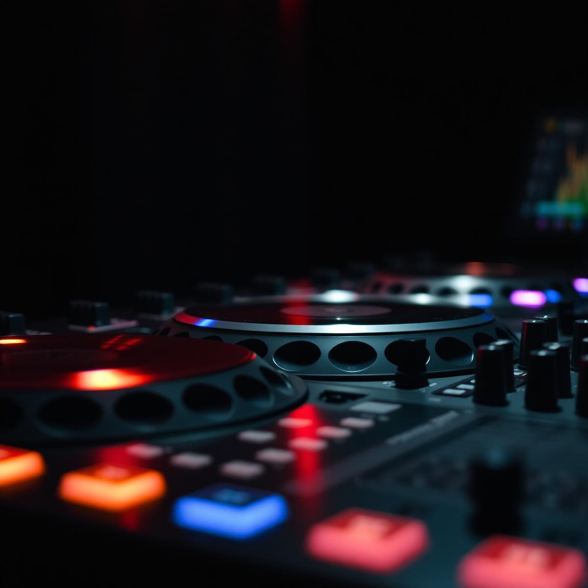 Close-up of professional DJ decks with warm lighting