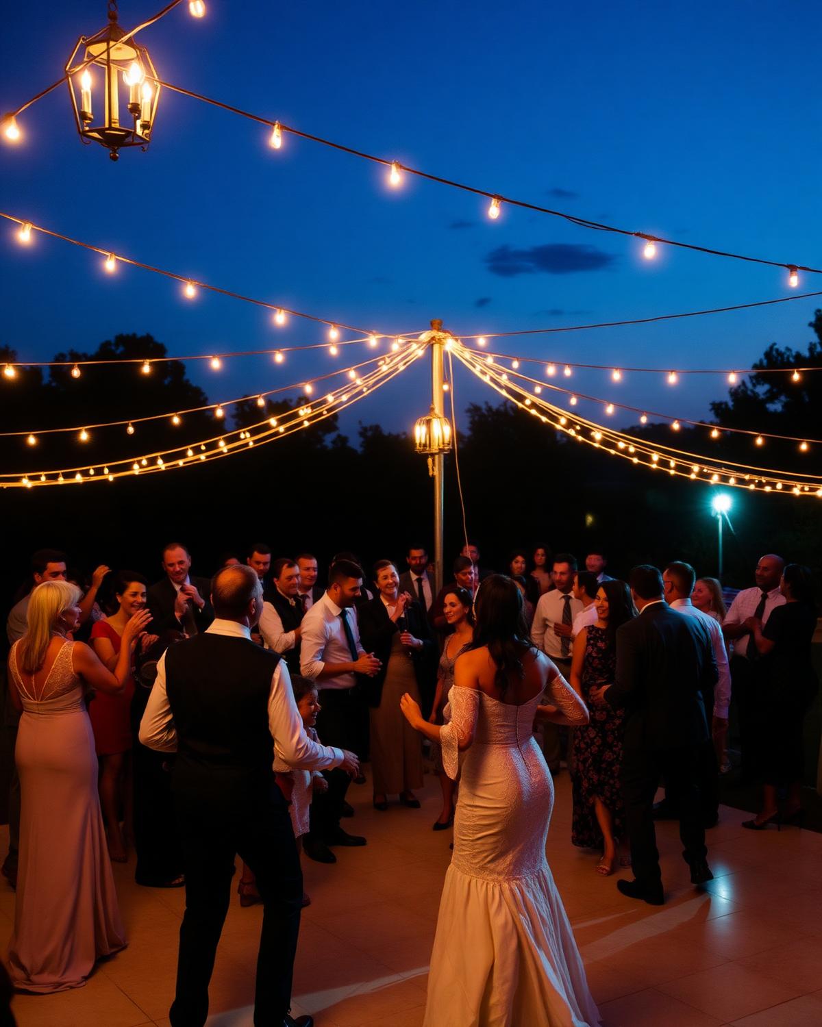 Wedding reception dance floor at dusk under string lights